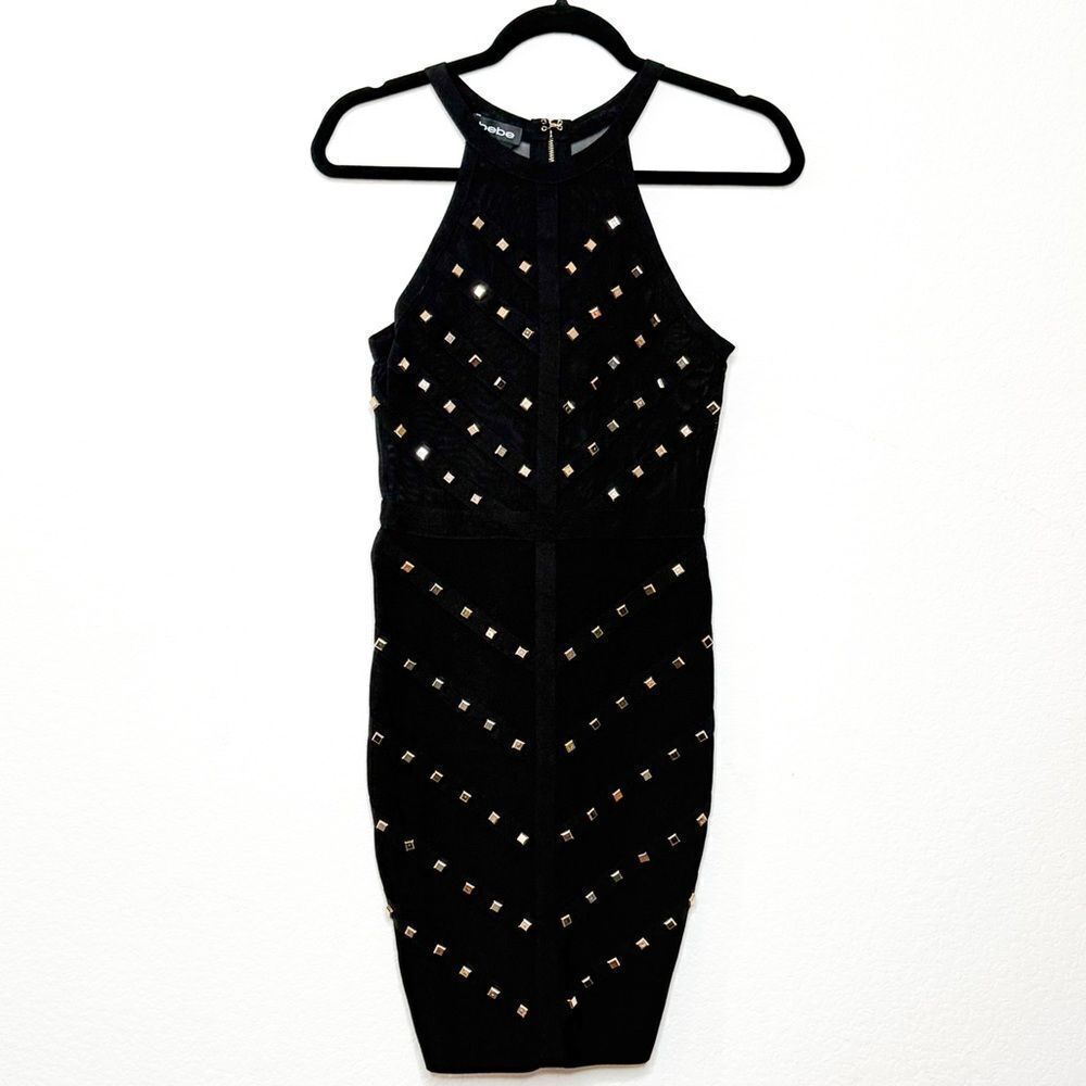 Bebe Women's Black Studded Sheer Halter Bodycon Dress Size XS